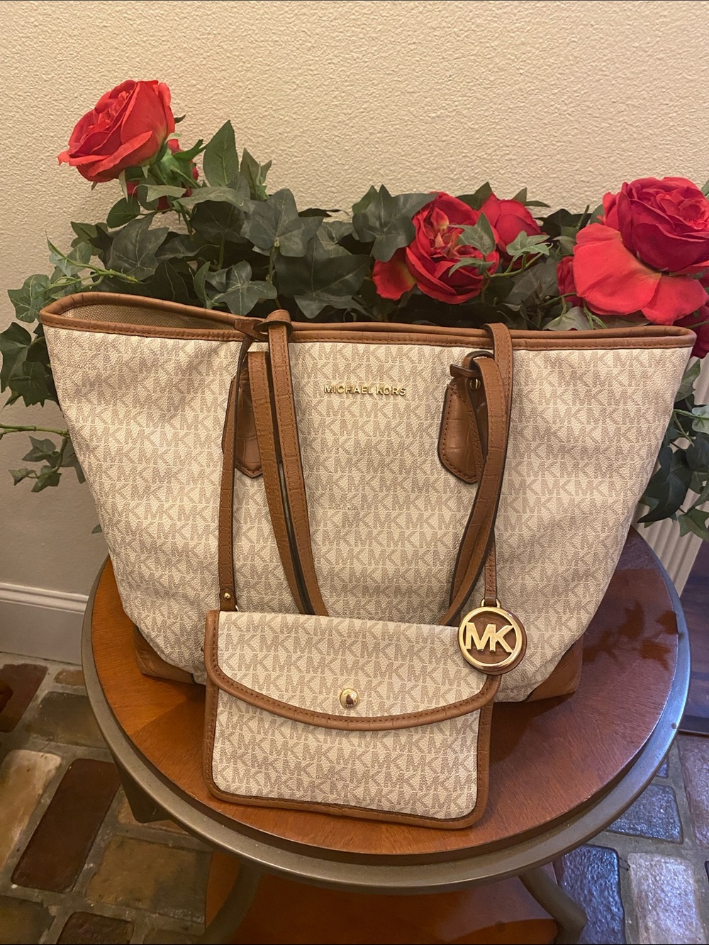 Michael Kors Cream and Brown MK Logo Tote with Matching Wristlet